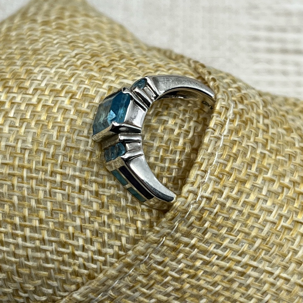 Vintage 925 Sterling Silver Turquoise Lapis Inlay Ring Size 5 - Picture 14 of 16